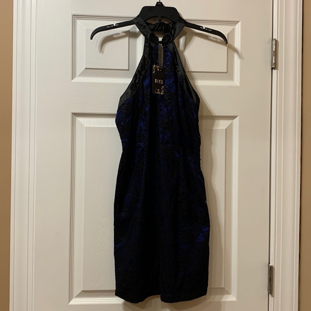 Navy Lacey High Neck Mini Dress